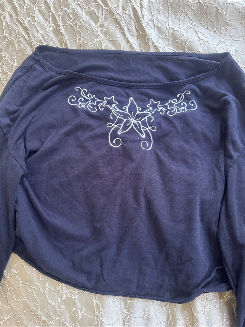 ROMWE Navy Off-Shoulder Long Sleeve Top with White Floral Embroidery
